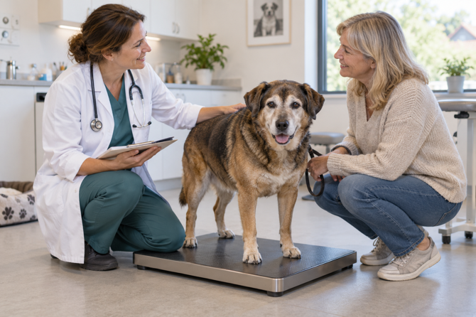Oudere hond met grijze snuit staat rustig op een weegschaal terwijl een dierenarts en eigenaar zijn gewicht bespreken.