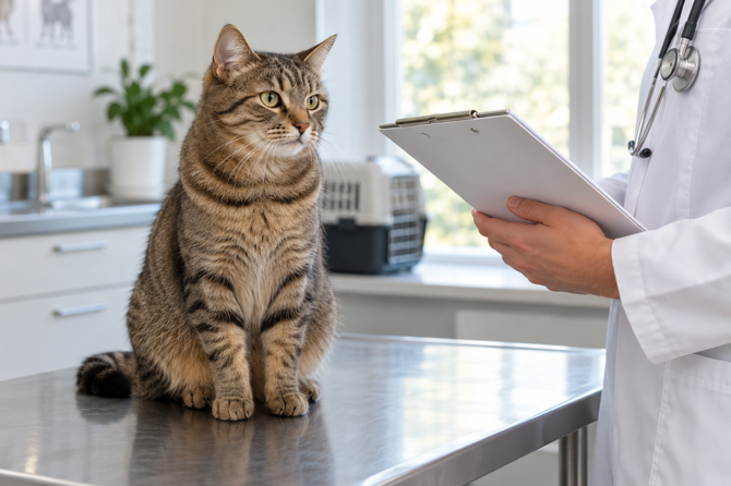 Rustige tijgerkat op de onderzoekstafel terwijl de dierenarts een leeg dossier vasthoudt.