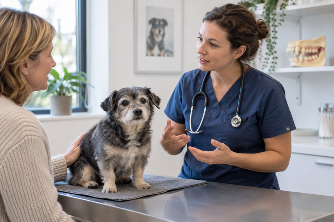 Een oudere kleine hond zit rustig op de onderzoekstafel terwijl zijn eigenaar en dierenarts het gebit bespreken.