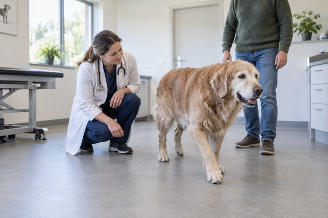 Oudere golden retriever wandelt in een dierenartspraktijk terwijl een dierenarts zijn beweging observeert en de eigenaar erbij staat.