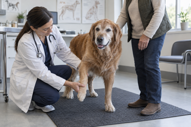 Een oudere golden retriever staat rustig op een antislipmat terwijl een dierenarts zijn voorpoot onderzoekt en de eigenaar erbij staat.