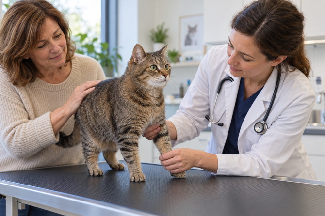 Een oudere gestreepte kat staat rustig op een onderzoekstafel terwijl een dierenarts de voorpoot bekijkt en de eigenaar haar aait.