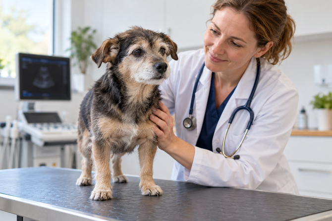 Een oudere hond met grijze snuit staat rustig op de onderzoekstafel terwijl de dierenarts hem vriendelijk ondersteunt, met een echotoestel op de achtergrond.