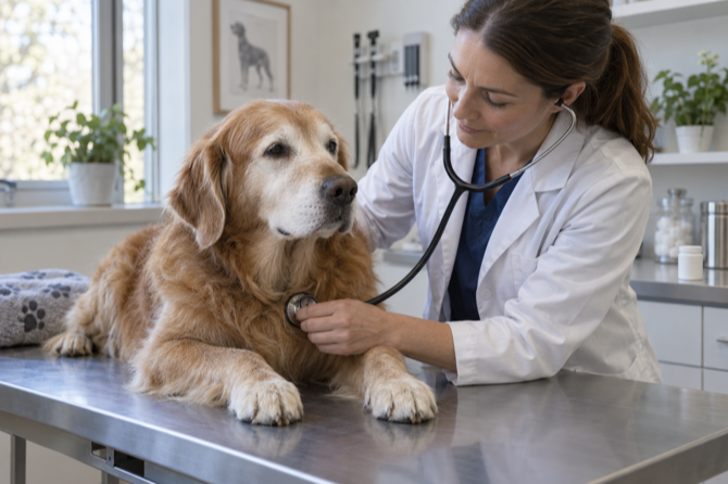 Dierenarts luistert met een stethoscoop naar het hart van een oudere hond.