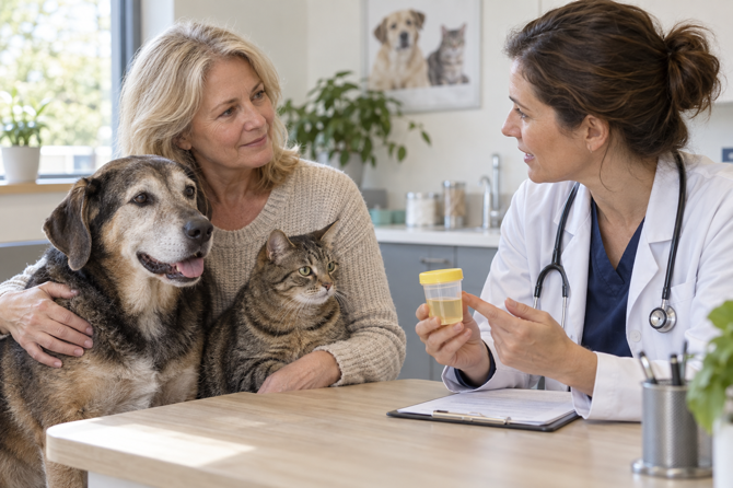 Oudere hond en kat zitten rustig bij hun eigenaar terwijl een dierenarts een urinemonster bespreekt.