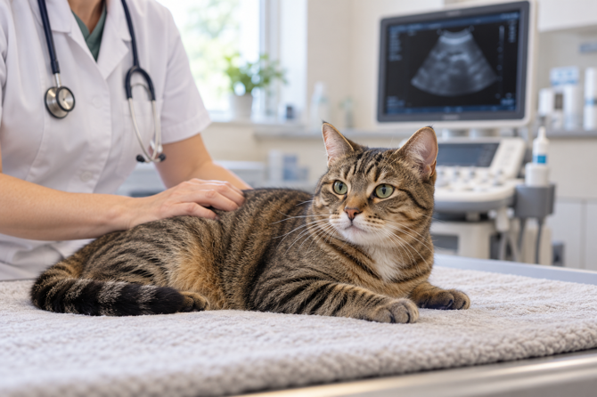 Een ontspannen tijgerkat op een onderzoekstafel met een dierenarts en een echotoestel op de achtergrond