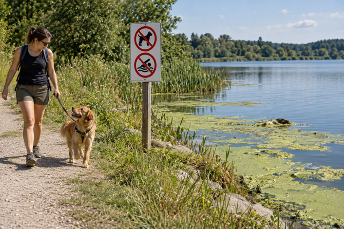 Eigenaar leidt haar droge, aangelijnde hond weg van water met groene drijflagen en een waarschuwingsbord.