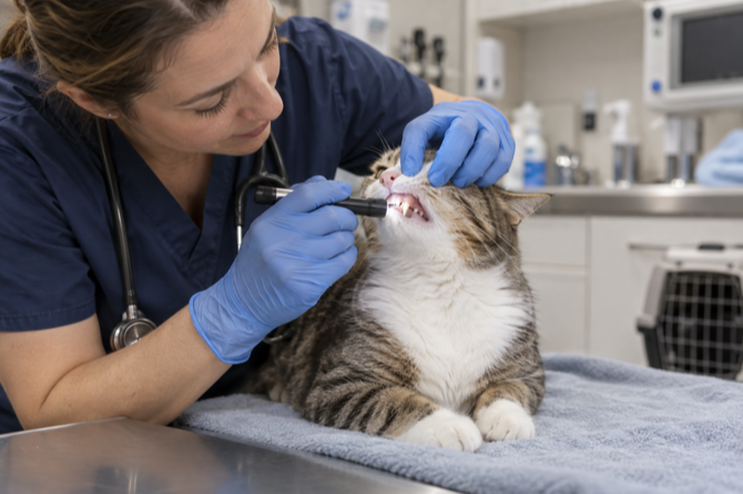 Dierenarts bekijkt voorzichtig de bek van een kat tijdens een consult.