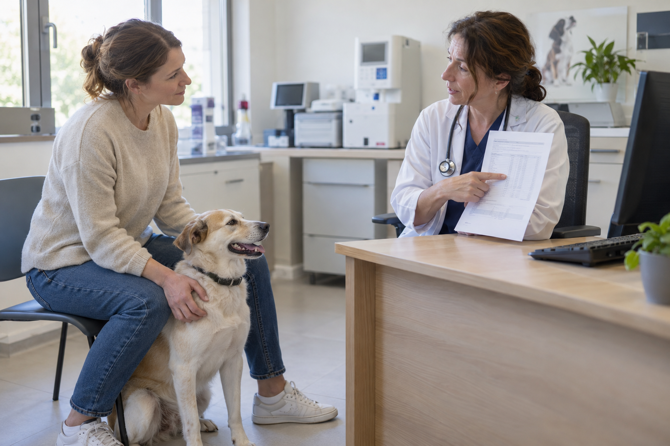 Een dierenarts wijst op een laboratoriumverslag tijdens een gesprek met een hondeneigenaar; haar lichtbruine hond zit rustig naast haar.