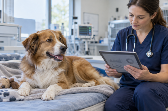 Dierenarts bekijkt bloedresultaten naast een hond die op intensieve zorg wordt opgevolgd.