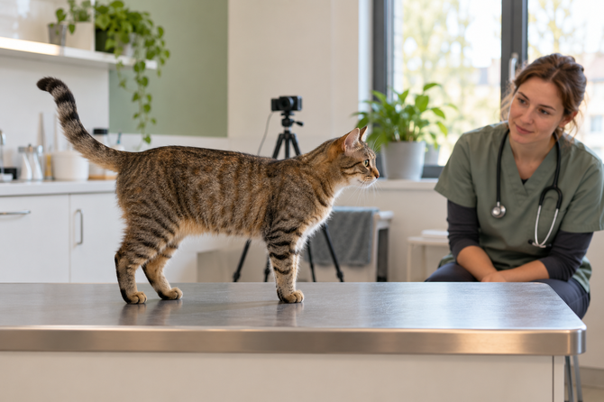 Rustige gestreepte kat staat van opzij op de onderzoekstafel terwijl een dierenarts haar observeert; op de achtergrond staat een kleine camera.