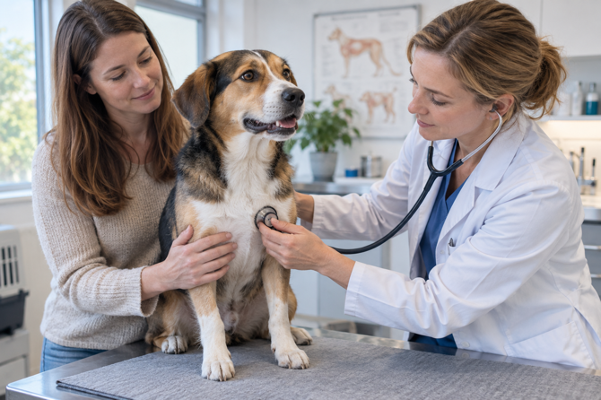 Hond met lichte droge hoest wordt in een dierenartspraktijk aan hart en longen onderzocht.