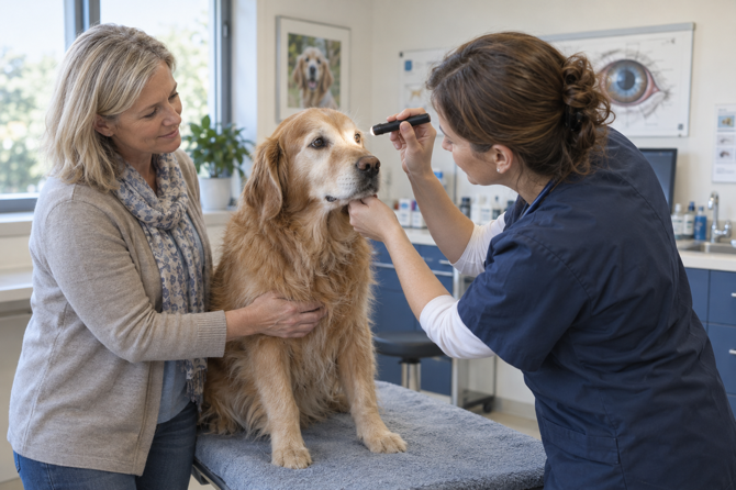 Oudere golden retriever zit rustig op de onderzoekstafel terwijl een dierenarts met een penlamp het oog bekijkt en de eigenaar hem vasthoudt.