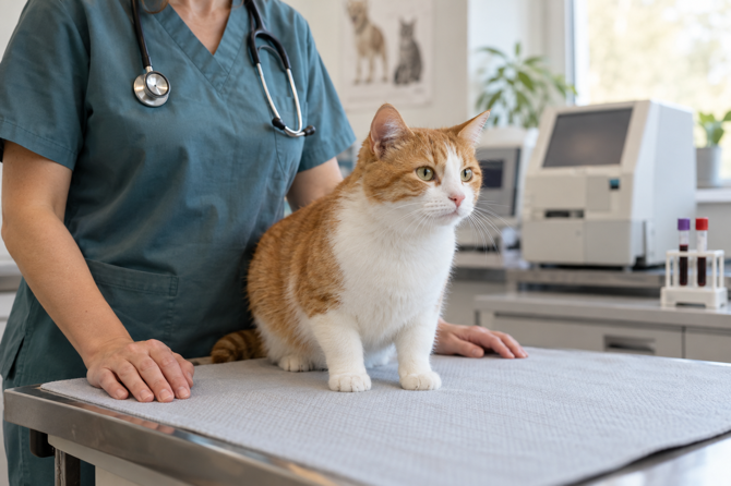 Een rood-witte kat staat op een onderzoeksmat naast een dierenarts in blauwe werkkleding; achter hen staan een laboratoriumtoestel en twee gesloten bloedbuisjes.
