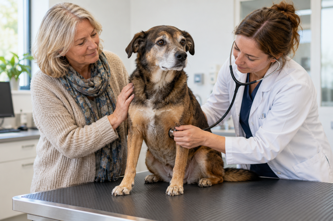 Oudere hond met grijze snuit wordt rustig door de dierenarts onderzocht terwijl de eigenaar hem geruststelt.