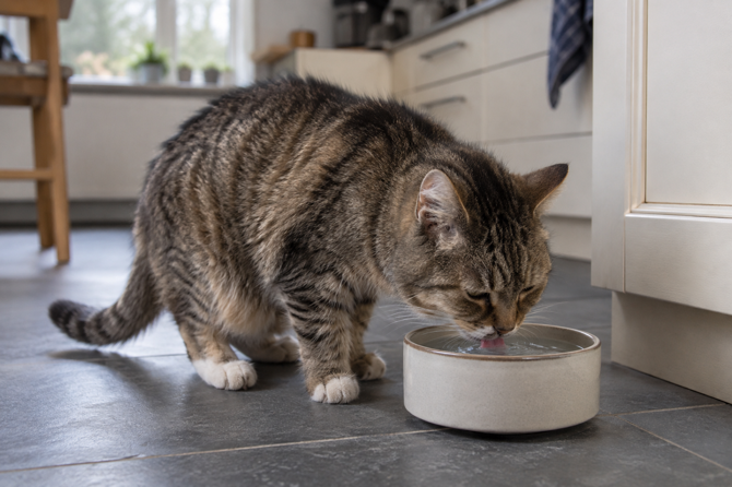 Oudere kat drinkt water uit een kom in een rustige keuken.