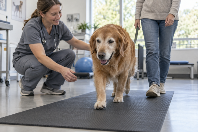 Oudere hond met grijze snuit loopt rustig op een antislipmat terwijl een dierenarts zijn mobiliteit bekijkt en de eigenaar naast hem staat.