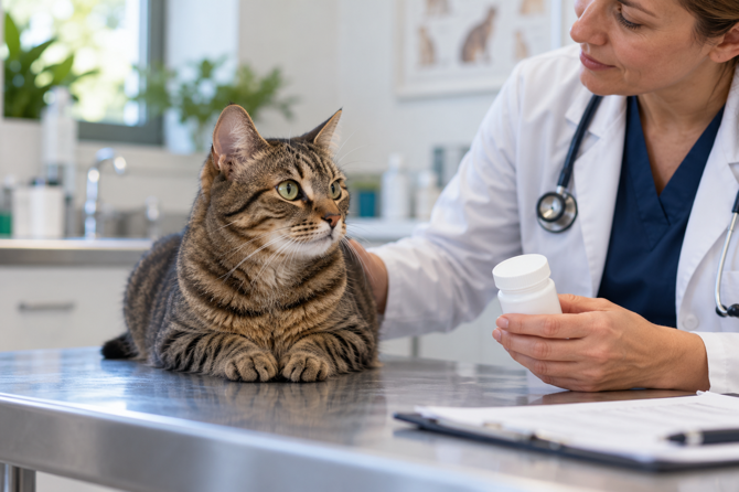 Rustige tijgerkat op een onderzoekstafel terwijl een dierenarts een ongemarkeerd medicijnpotje vasthoudt.