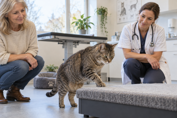 Oudere gestreepte kat stapt rustig op een laag platform in de dierenartsenpraktijk terwijl de dierenarts en eigenaar toekijken.