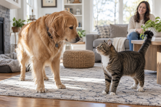 Hond en kat observeren elkaar rustig in een woonkamer.
