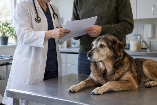 Dierenarts bespreekt de bloeduitslagen van een oudere hond met zijn eigenaar.