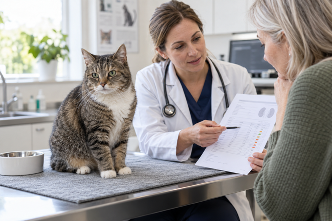 Oudere kat drinkt water naast een voerbak met nierdieet tijdens veterinaire opvolging.