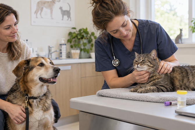 Dierenarts onderzoekt een rustige kat op de onderzoekstafel terwijl een hond bij zijn eigenaar zit; een urinepotje en bloedbuisje staan op tafel.