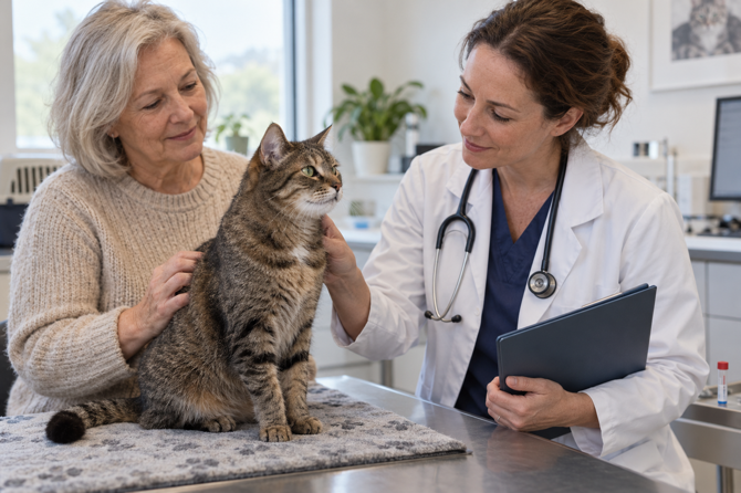 Dierenarts onderzoekt een rustige oudere kat met gestreepte vacht terwijl de eigenaar haar ondersteunt in de spreekkamer.
