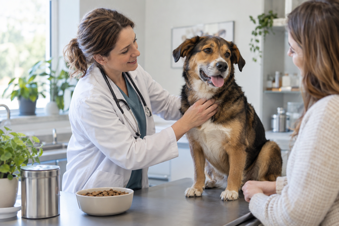 Dierenarts onderzoekt een ontspannen hond tijdens een gesprek met de eigenaar over voeding en darmgezondheid.
