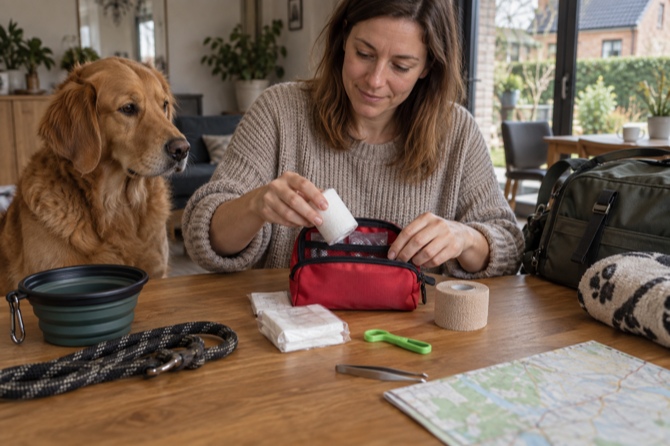 Eigenaar pakt een reisapotheek in terwijl zijn hond rustig toekijkt.