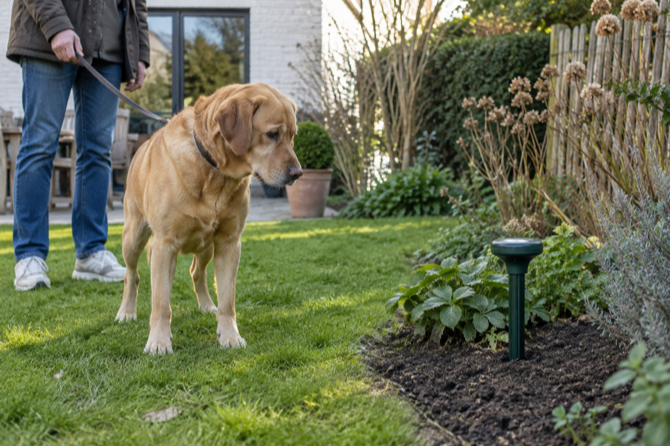 Hond kijkt in de tuin naar een ultrasone mollenverjager in het gras.