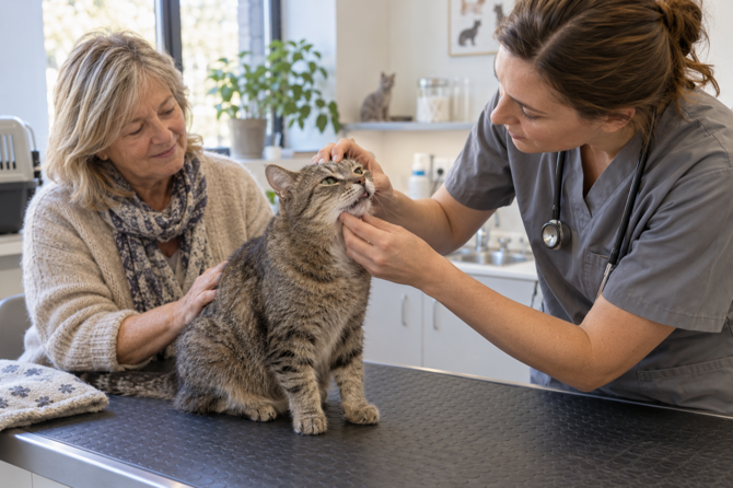 Oudere gestreepte kat wordt rustig onderzocht door een dierenarts terwijl zijn eigenaar hem aait in de spreekkamer.