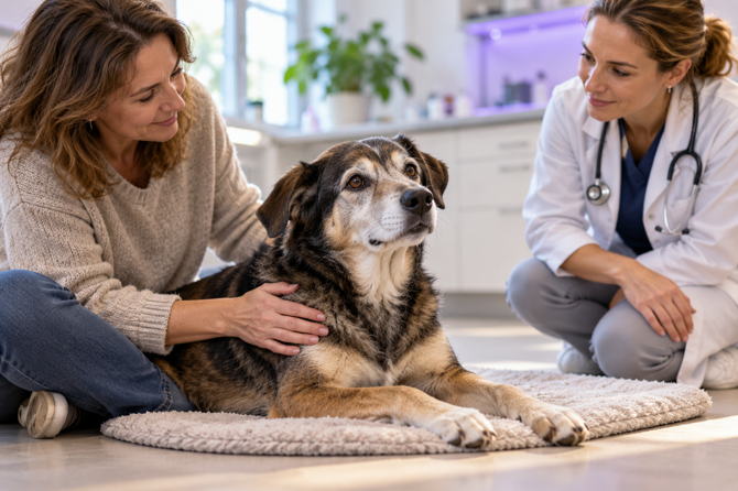 Een oudere hond met witte snuit rust naast zijn eigenaar terwijl een dierenarts hem rustig observeert in de spreekkamer.