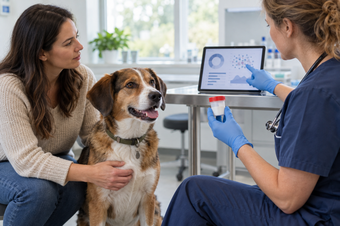 Dierenarts bespreekt fecesonderzoek van een hond met diarree terwijl de hond alert naast de eigenaar zit.