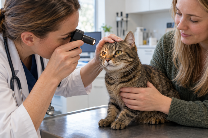 Dierenarts bekijkt met een ooglampje de iris van een rustige gestreepte kat, terwijl de eigenaar de kat ondersteunt.