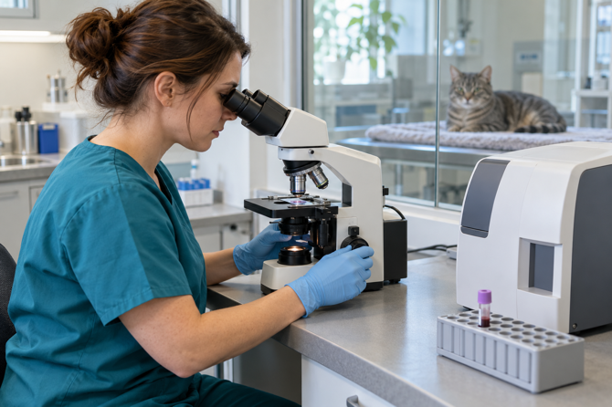 Een laboratoriummedewerker in blauwe werkkleding bekijkt een bloeduitstrijkje onder de microscoop; ernaast staan een gesloten paars bloedbuisje en een hematologie-analyzer, met een kat achter een glazen scheidingswand.