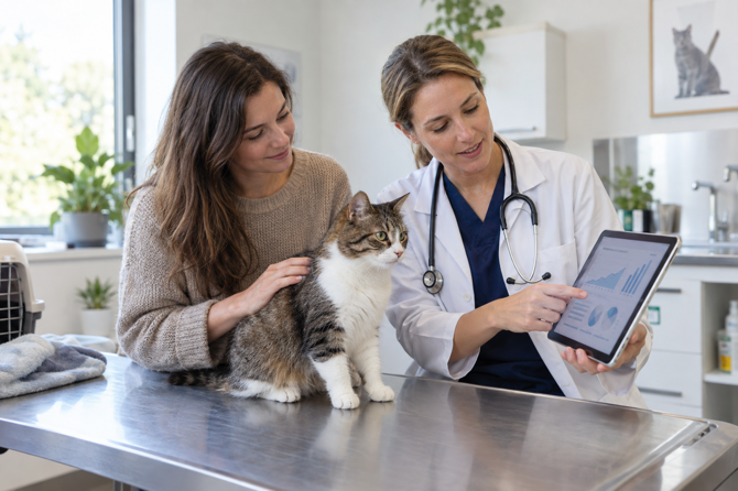 Dierenarts bespreekt de behandeling en opvolging van een kat met FIP met de eigenaar.
