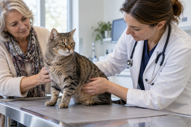 Oudere tijgerkat zit rustig op de onderzoekstafel terwijl een dierenarts de buik voorzichtig onderzoekt en de eigenaar erbij staat.
