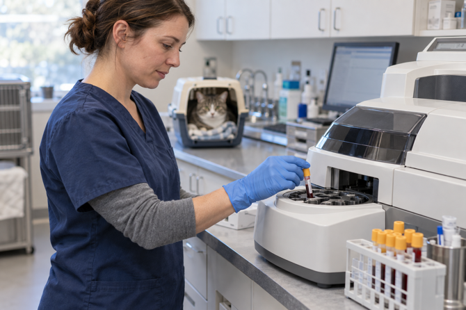 Veterinair laboratoriummedewerker plaatst een bloedstaal in een klinische chemie-analyzer terwijl een kat rustig in een reismand zit.