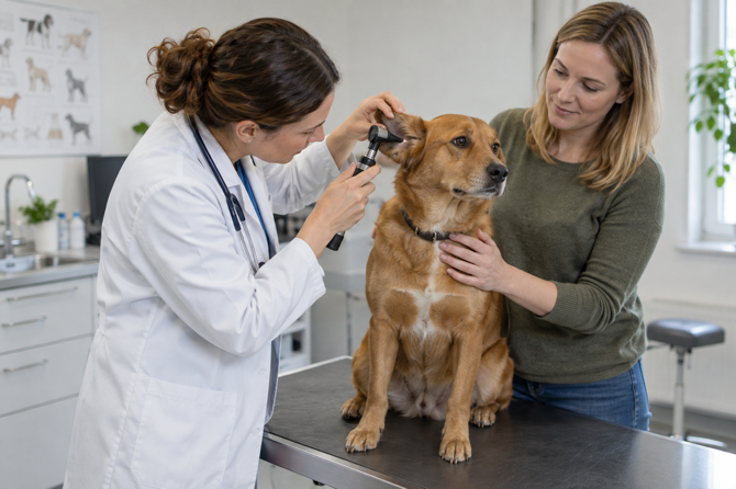 Dierenarts bekijkt met een otoscoop voorzichtig het oor van een rustige bruine hond terwijl de eigenaar naast hem staat.