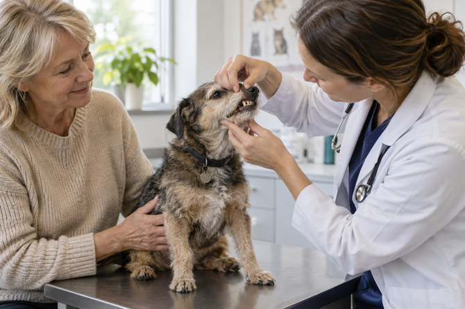 Dierenarts bekijkt voorzichtig het gebit van een rustige oudere hond met grijze snuit, terwijl de eigenaar erbij zit.