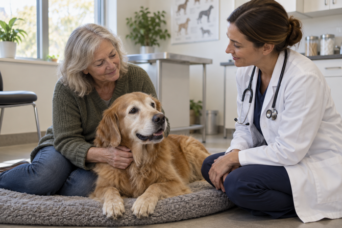 Oudere golden retriever ligt rustig bij zijn eigenaar en een dierenarts in de spreekkamer.