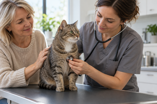 Grijsbruine tijgerkat zit rustig bij haar eigenaar terwijl een dierenarts met een stethoscoop luistert.