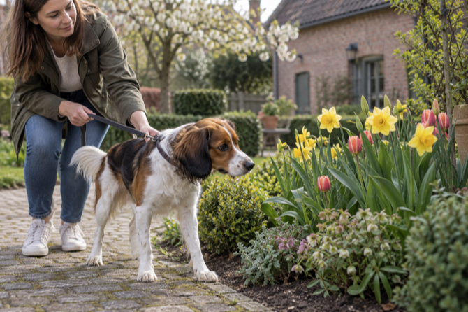 Eigenaar houdt een hond weg van narcissen en tulpen in een lentetuin.