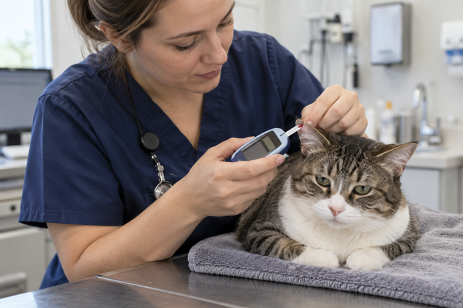 Dierenarts meet met een klein bloedstaal aan de oorrand de glucose van een kat.