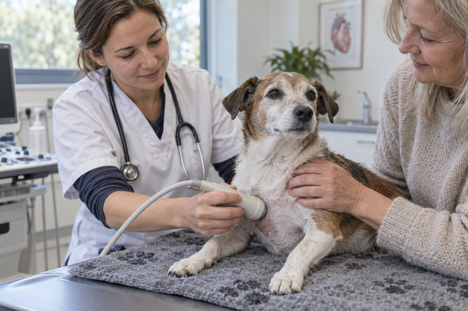 Oudere hond met grijze snuit krijgt rustig een hartecho bij de dierenarts terwijl zijn eigenaar hem vasthoudt.