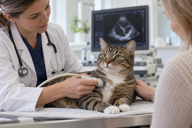 Dierenarts maakt in een rustige spreekkamer een hartecho bij een ontspannen gestreepte kat, terwijl de eigenaar de kat geruststelt.