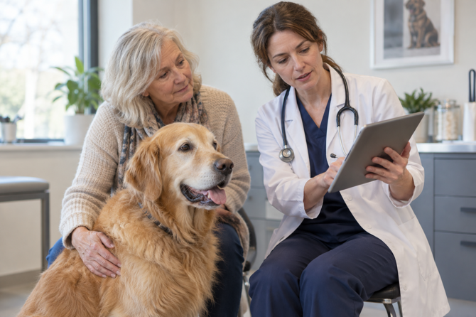 Een oudere golden retriever zit rustig naast zijn eigenaar terwijl een dierenarts een consult bespreekt.