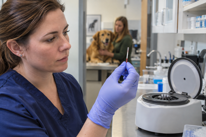 Veterinair laboratoriummedewerker beoordeelt een microhematocrietbuis naast een centrifuge.