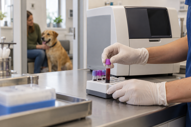 Twee gehandschoende handen plaatsen een gesloten paars EDTA-bloedbuisje in een rek naast een hematologie-analyzer; op de achtergrond rust een hond bij zijn eigenaar.